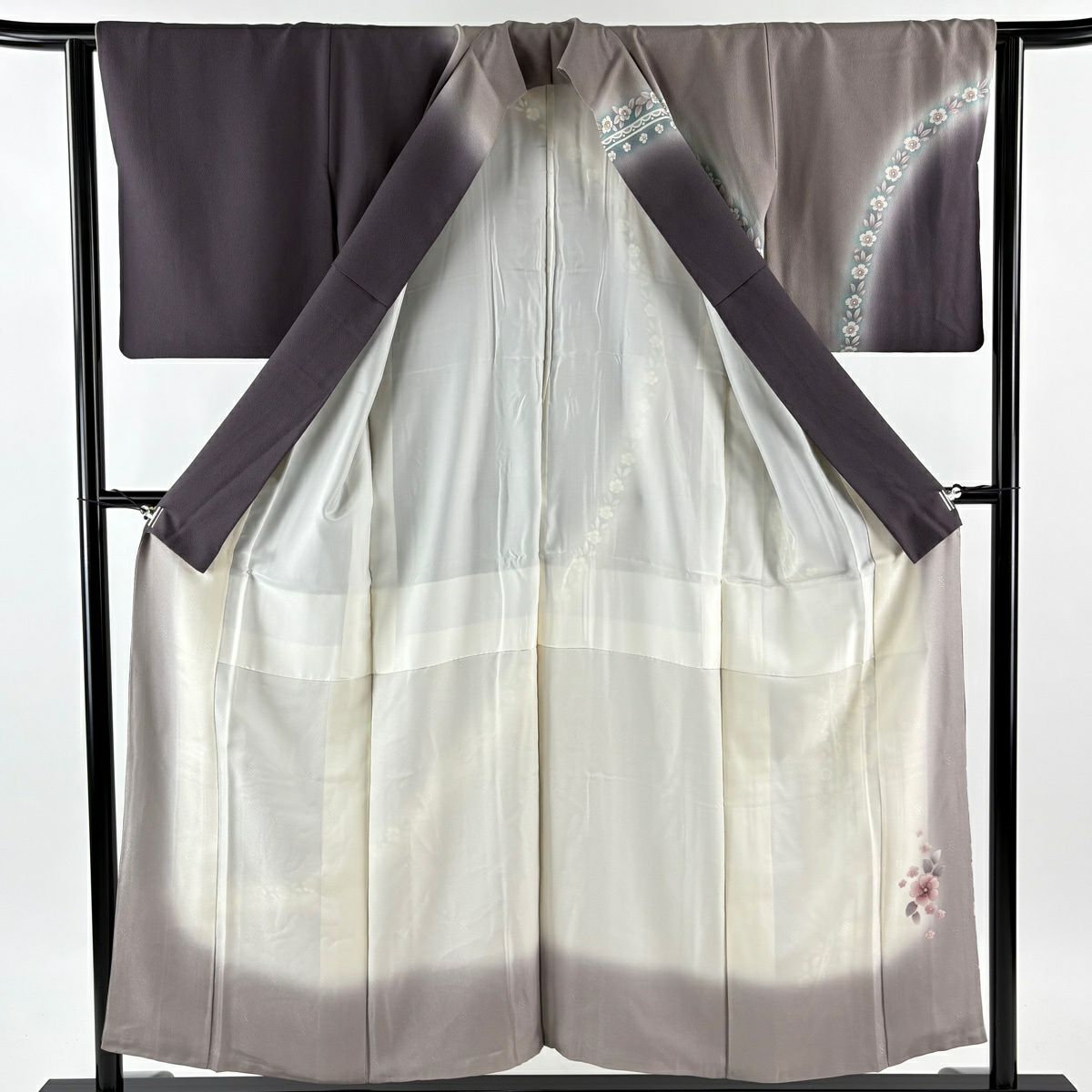 訪問服 身長153.5cm 袖長62.5cm S 雙層 菅有鬼一 落款あり 櫻花 草花紋紋 金銀彩 染分 濃紫 純蠶絲 逸品級