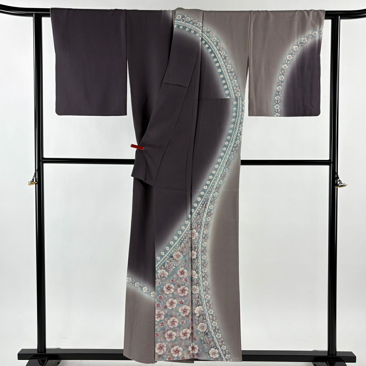 訪問服 身長153.5cm 袖長62.5cm S 雙層 菅有鬼一 落款あり 櫻花 草花紋紋 金銀彩 染分 濃紫 純蠶絲 逸品級