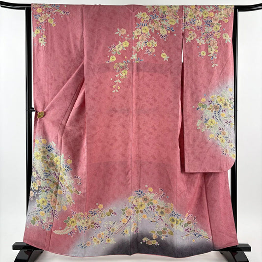 振袖禮服 身長161.5cm 袖長64cm M 雙層 丹下雄介 大和 落款あり 辻花染 刺繡 銀通し 粉紅 純蠶絲 逸品級