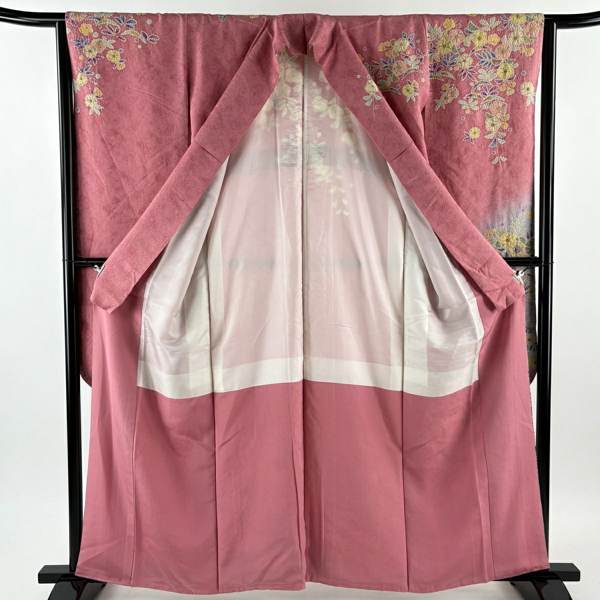 振袖禮服 身長161.5cm 袖長64cm M 雙層 丹下雄介 大和 落款あり 辻花染 刺繡 銀通し 粉紅 純蠶絲 逸品級