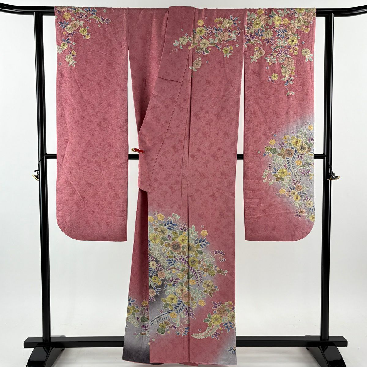 振袖禮服 身長161.5cm 袖長64cm M 雙層 丹下雄介 大和 落款あり 辻花染 刺繡 銀通し 粉紅 純蠶絲 逸品級