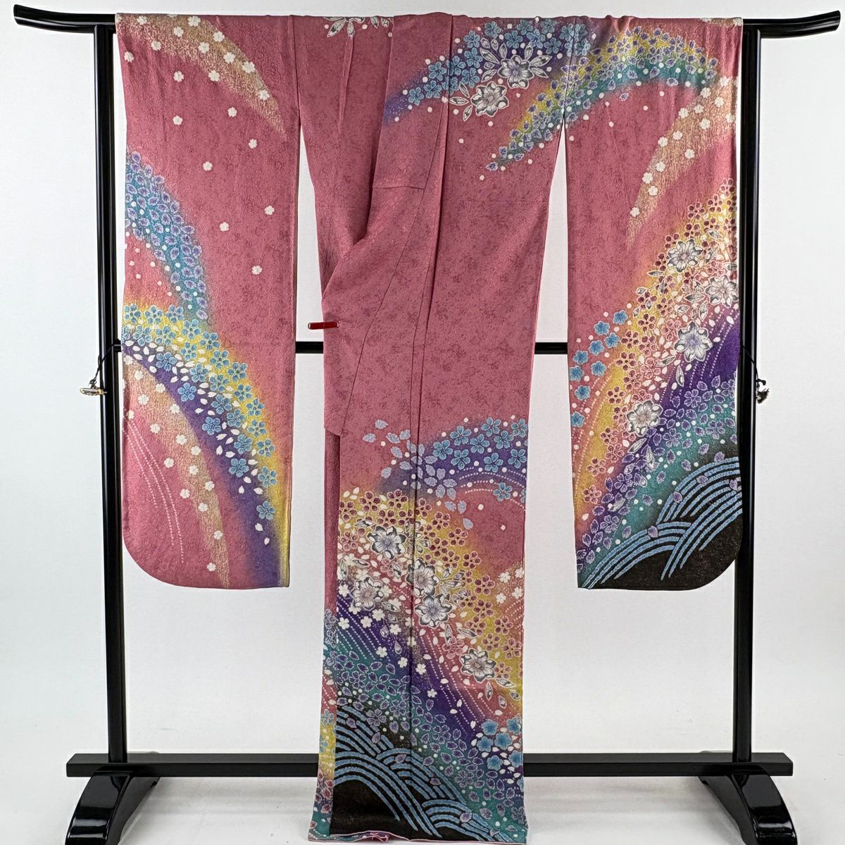 振袖禮服 身長169cm 袖長69.5cm L 雙層 辻花染 波 銀通 金銀彩 粉紅 純蠶絲 逸品級
