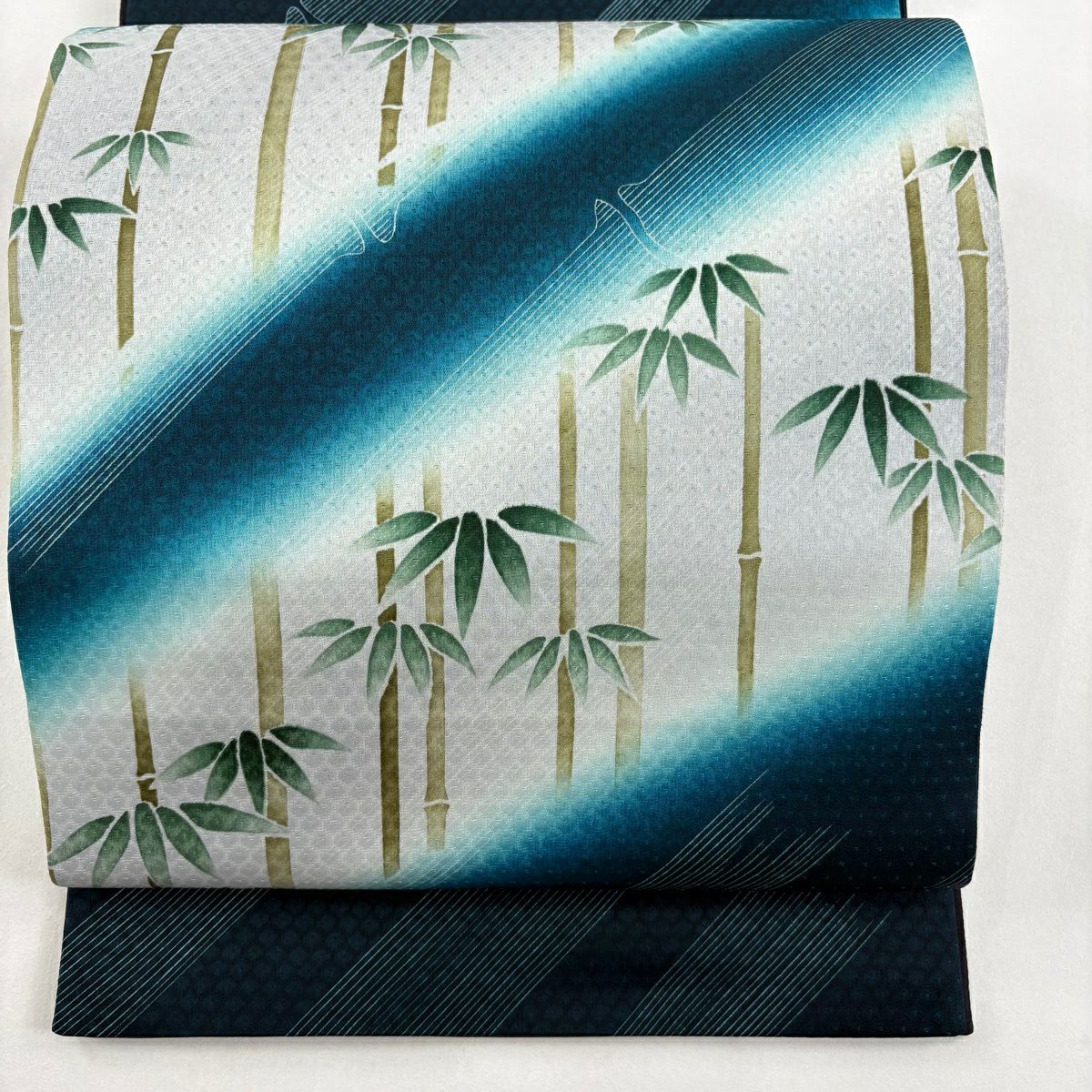 【美品】 袋帶 名品級 竹子 斜紋 漸層 青綠 大鼓圖案 純蠶絲