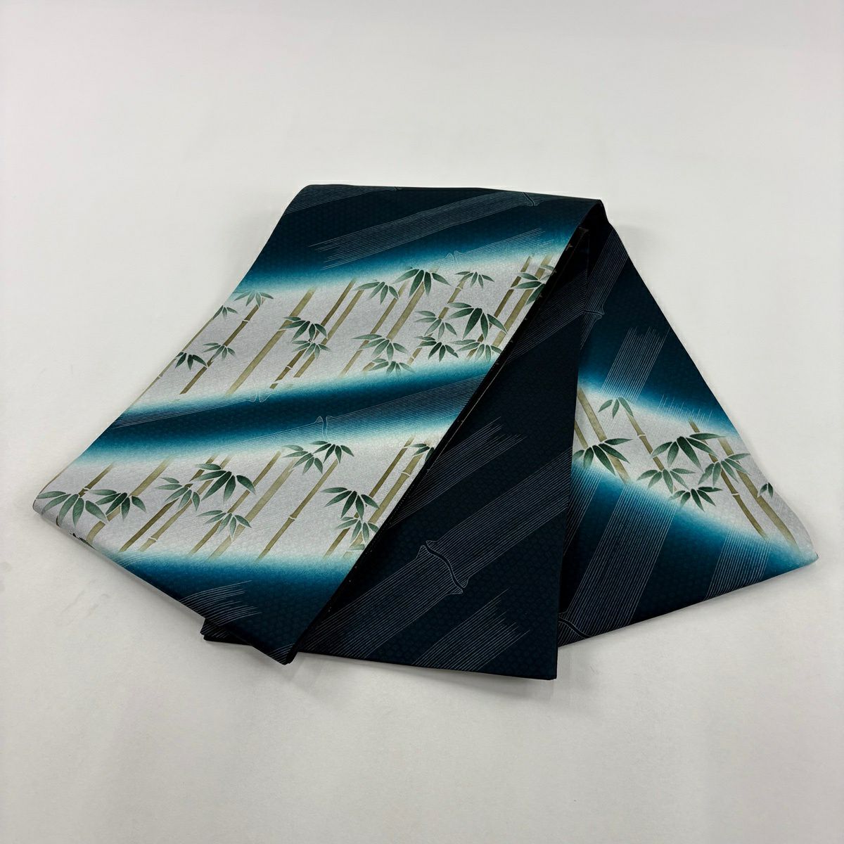【美品】 袋帶 名品級 竹子 斜紋 漸層 青綠 大鼓圖案 純蠶絲