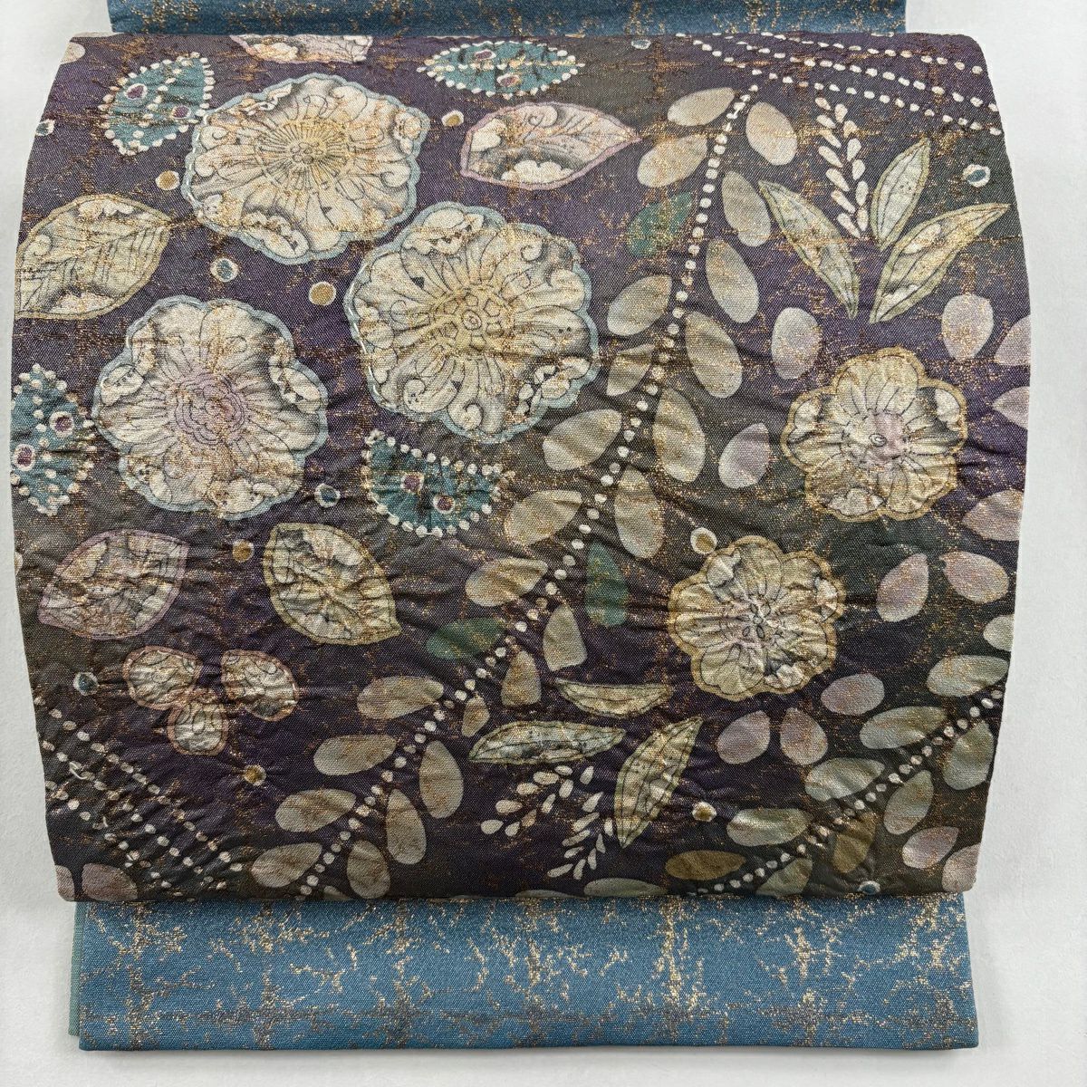 【美品】 袋帶 名品級 落款あり 辻花染 銀糸 金金箔 紫 お太鼓柄 純蠶絲