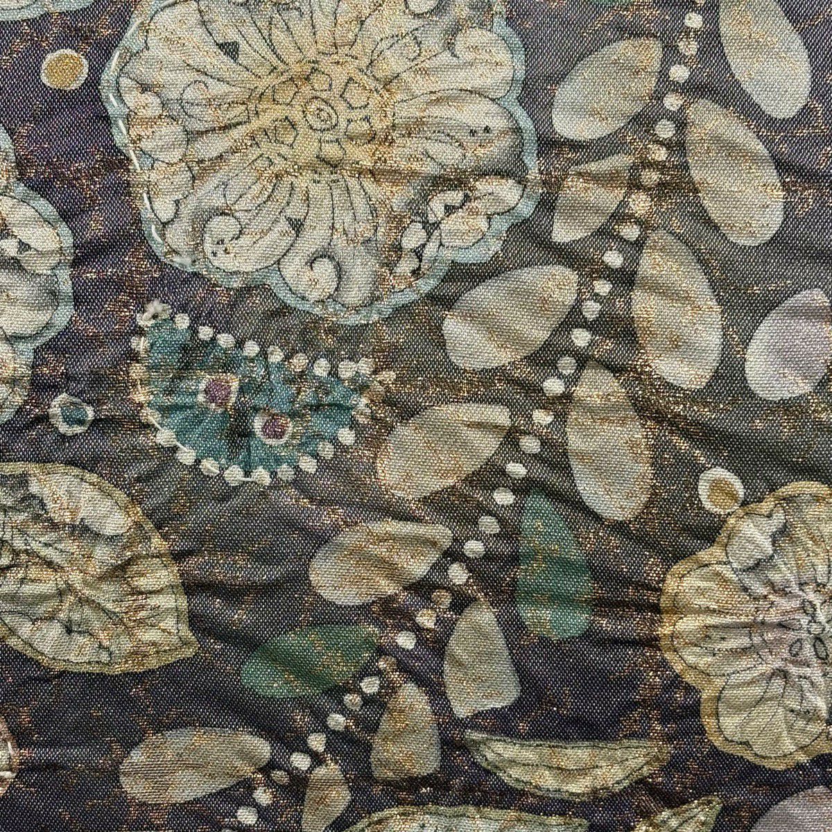 【美品】 袋帶 名品級 落款あり 辻花染 銀糸 金金箔 紫 お太鼓柄 純蠶絲