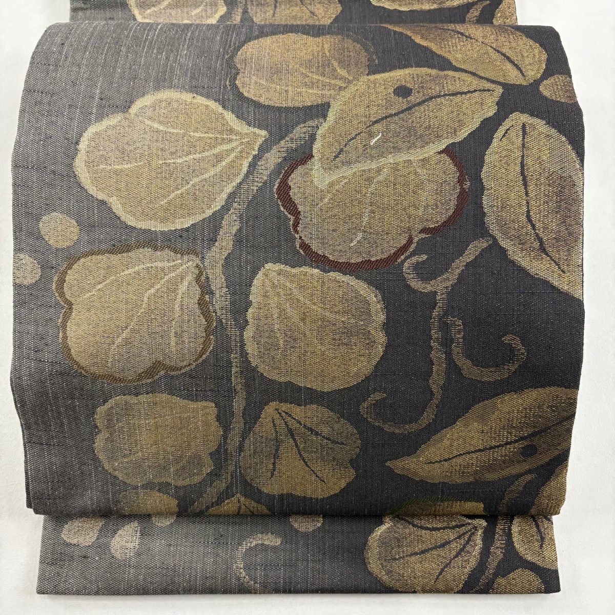 【美品】 袋帶 名品級 葉 金糸 金金箔 墨 深藍 六通 純蠶絲