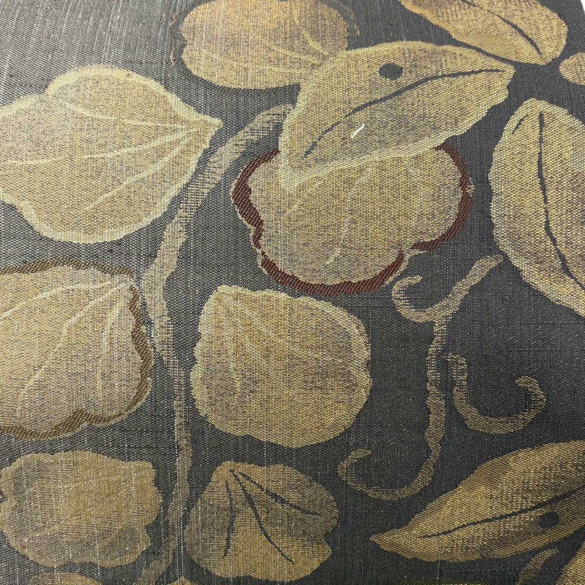 【美品】 袋帶 名品級 葉 金糸 金金箔 墨 深藍 六通 純蠶絲