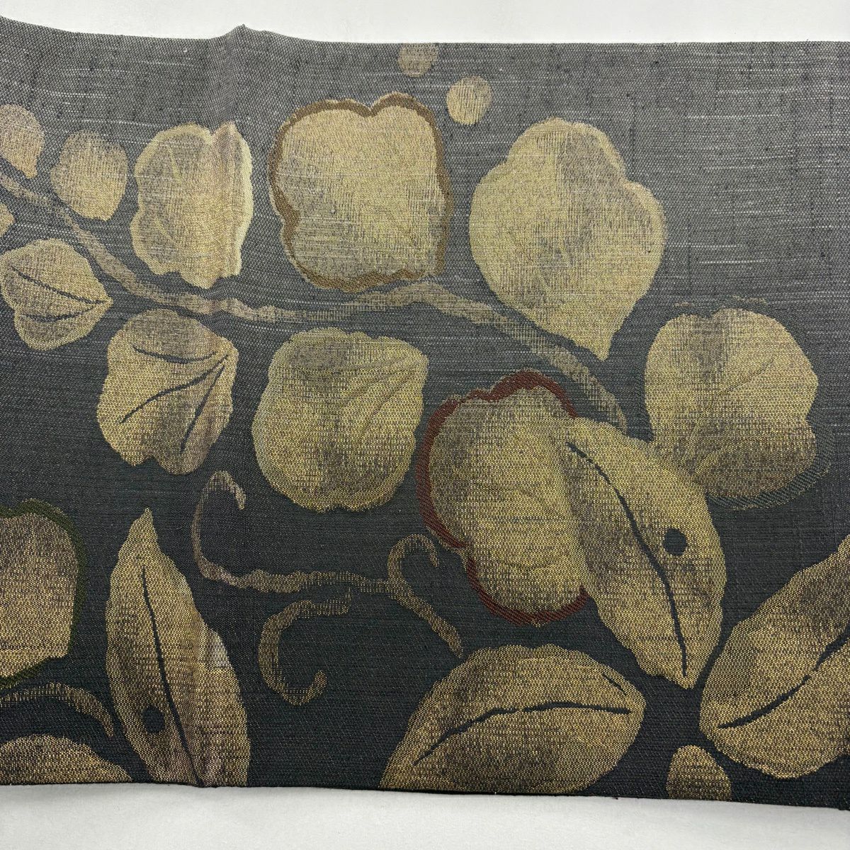 【美品】 袋帶 名品級 葉 金糸 金金箔 墨 深藍 六通 純蠶絲