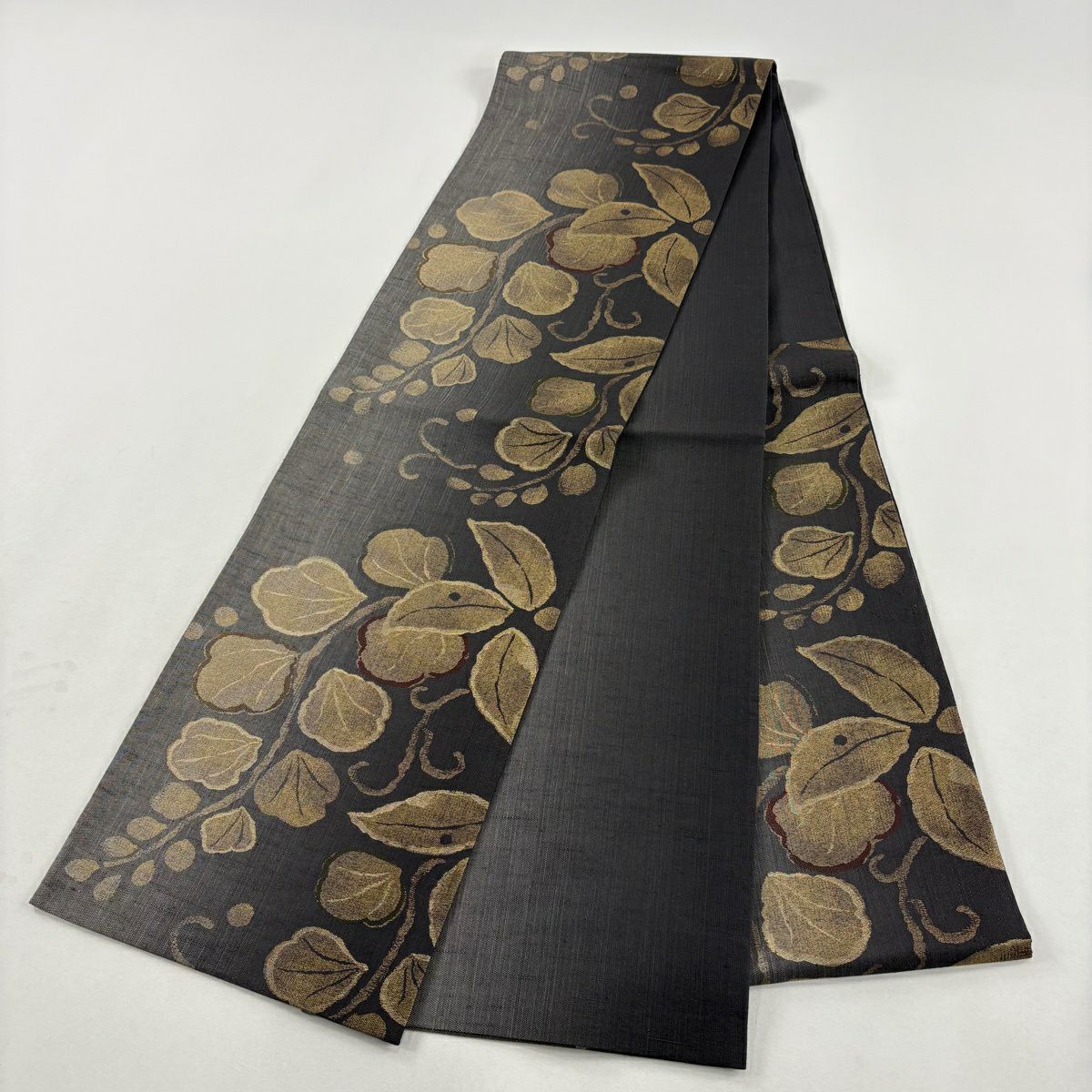 【美品】 袋帶 名品級 葉 金糸 金金箔 墨 深藍 六通 純蠶絲
