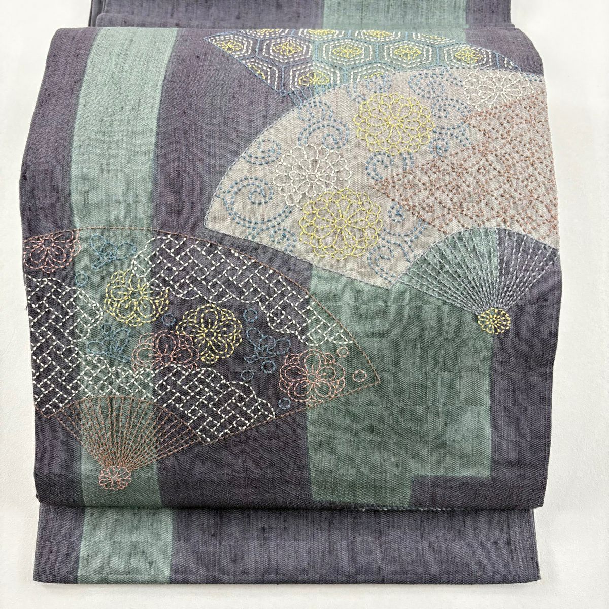 【美品】 袋帶 名品級 紬織織 扇子子 有職紋樣 刺繡 灰紫 お太鼓柄 純蠶絲