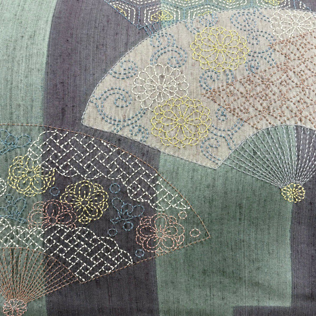 【美品】 袋帶 名品級 紬織織 扇子子 有職紋樣 刺繡 灰紫 お太鼓柄 純蠶絲