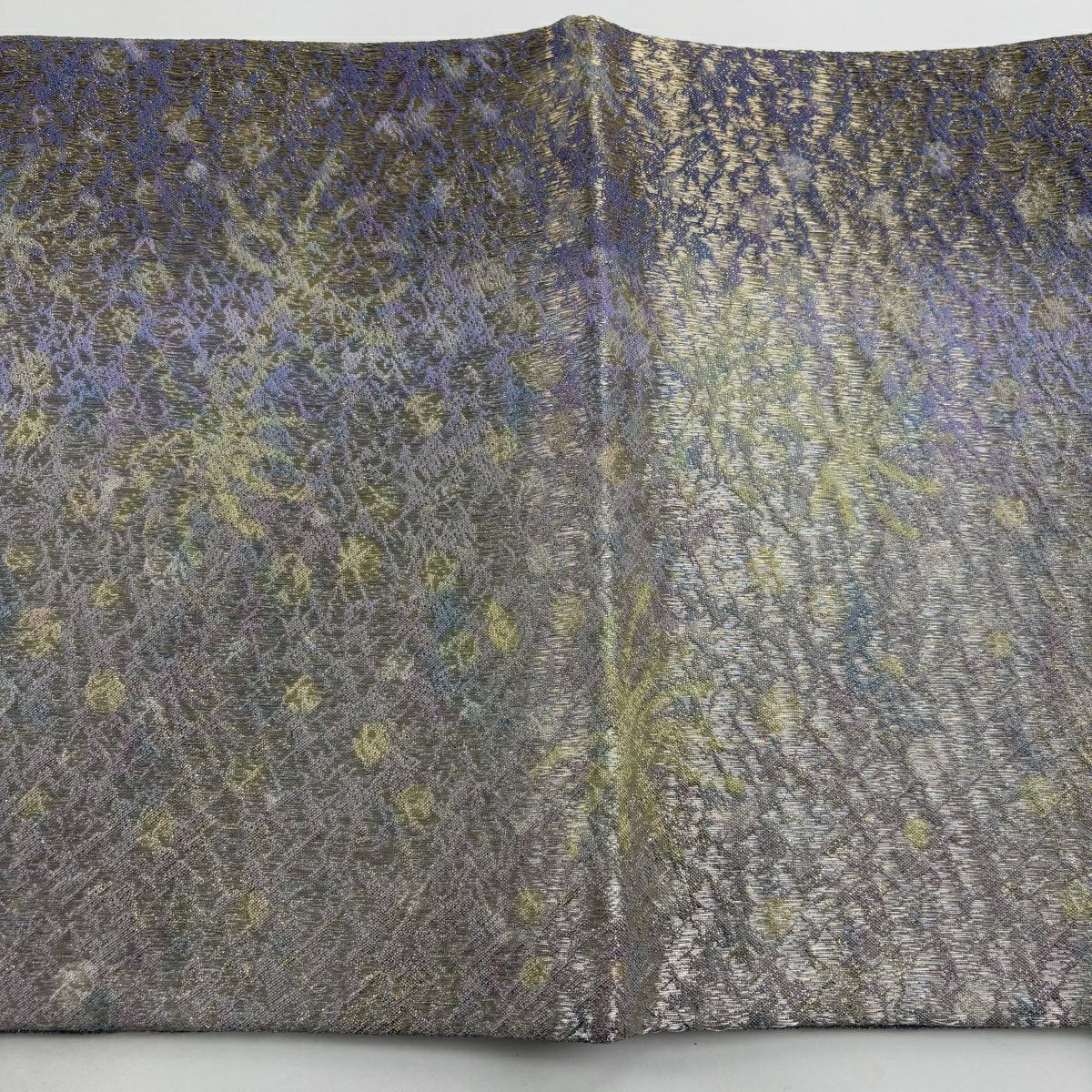 【美品】 袋帶 名品級 花 幾何學 銀線 金金箔 淺紫 お太鼓圖案 純蠶絲