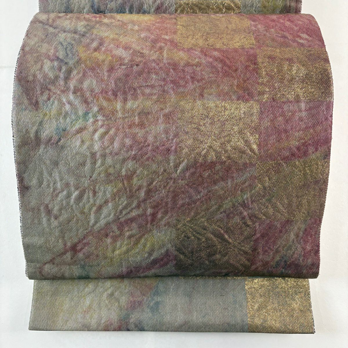 【美品】 袋帶 名品級 市松樹 金金箔 金絲 灰色 六通 純蠶絲