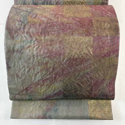 【美品】 袋帶 名品級 市松樹 金金箔 金絲 灰色 六通 純蠶絲