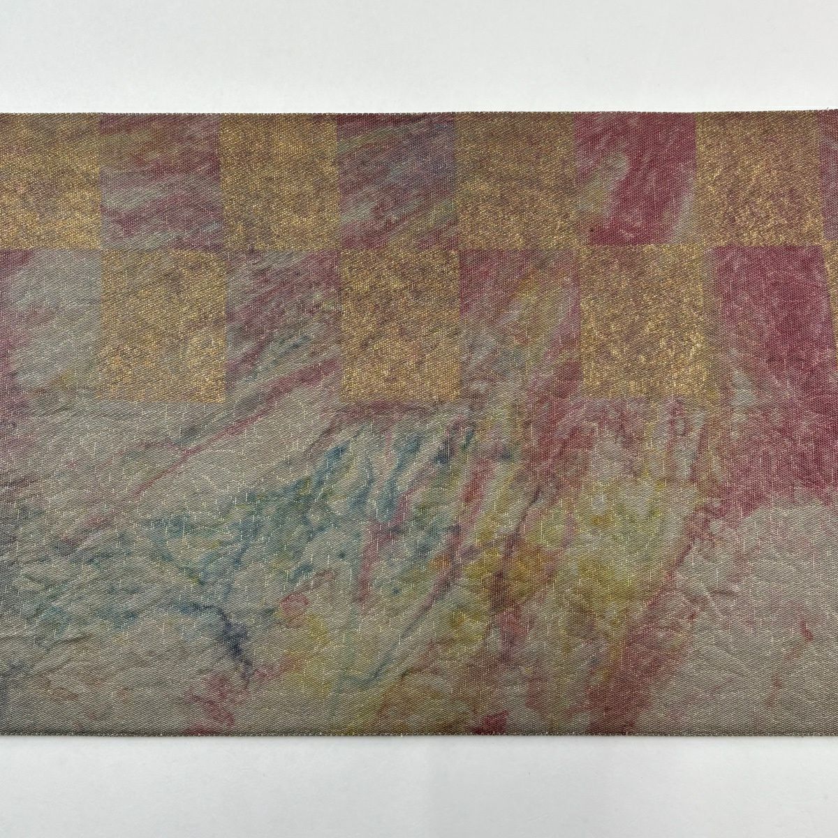 【美品】 袋帶 名品級 市松樹 金金箔 金絲 灰色 六通 純蠶絲