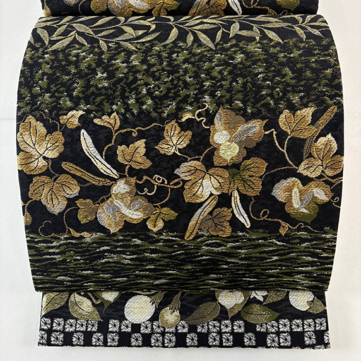 【美品】 袋帶 名品級 生物 金絲 黑 六通 純蠶絲