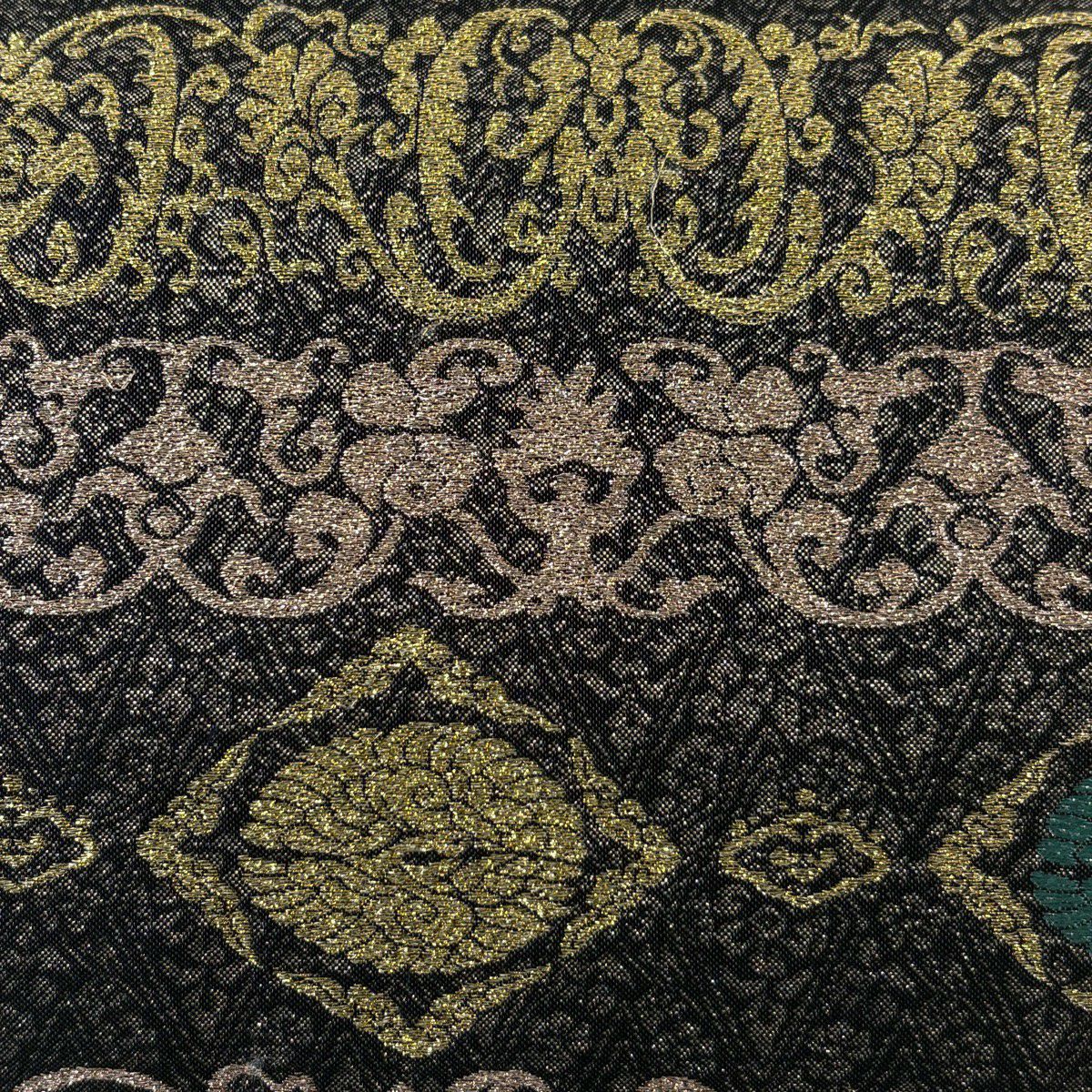 【美品】 袋帶 名品級 關西仕立 花唐草紋 幾何學 金金箔 黑灰 六通 純蠶絲