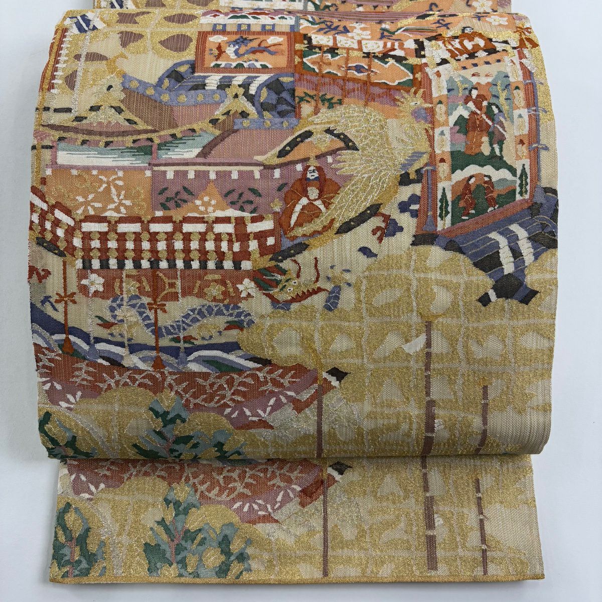 【美品】 袋帶 逸品級 明綴風景 山車 金銀絲 金色 六通 純蠶絲