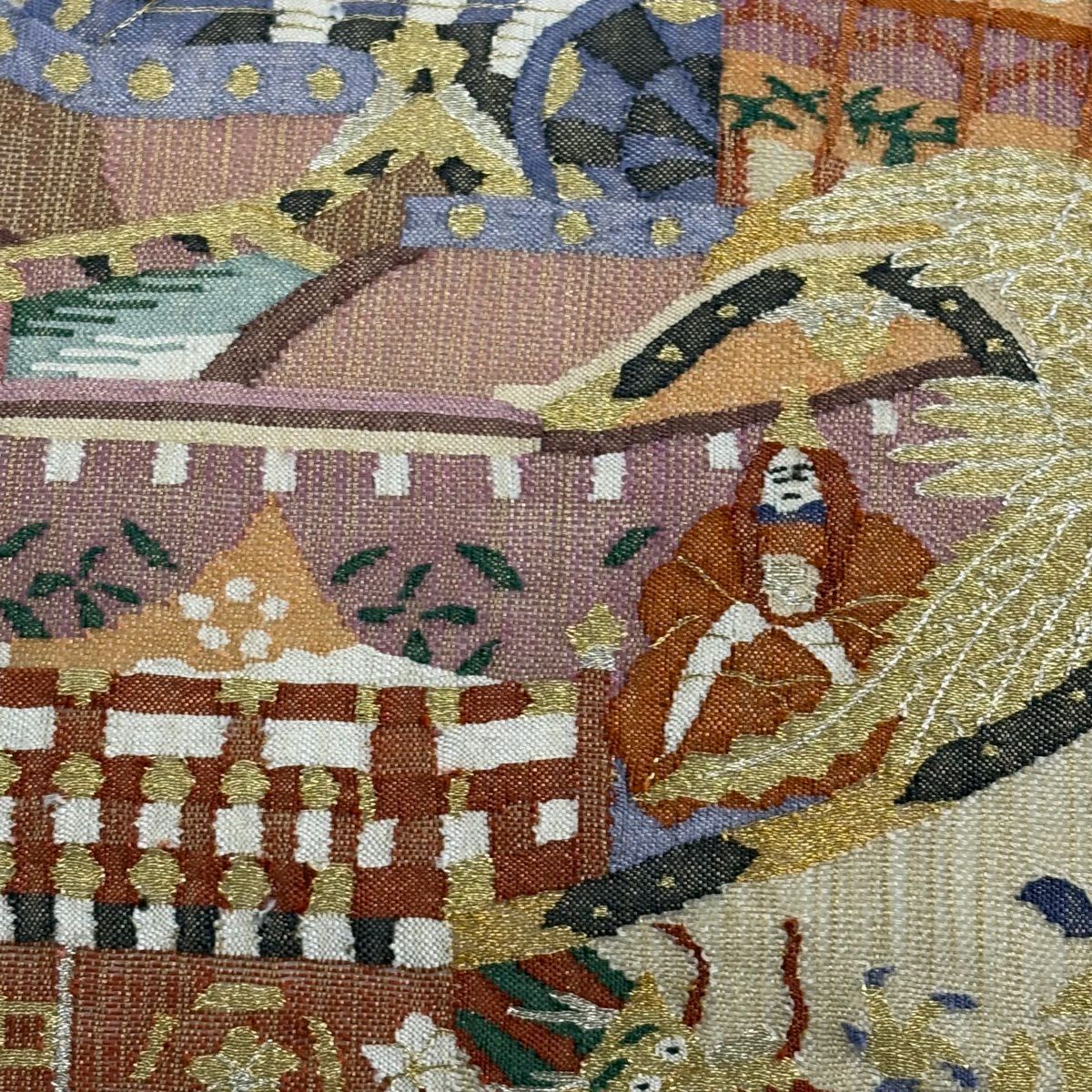 【美品】 袋帶 逸品級 明綴風景 山車 金銀絲 金色 六通 純蠶絲