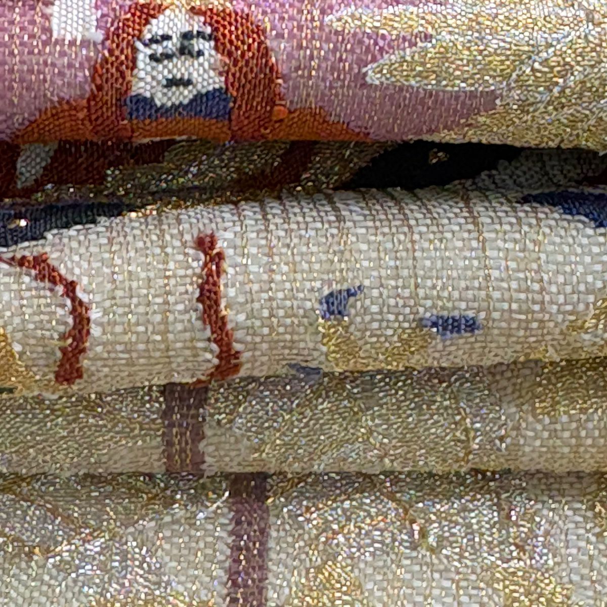 【美品】 袋帶 逸品級 明綴風景 山車 金銀絲 金色 六通 純蠶絲
