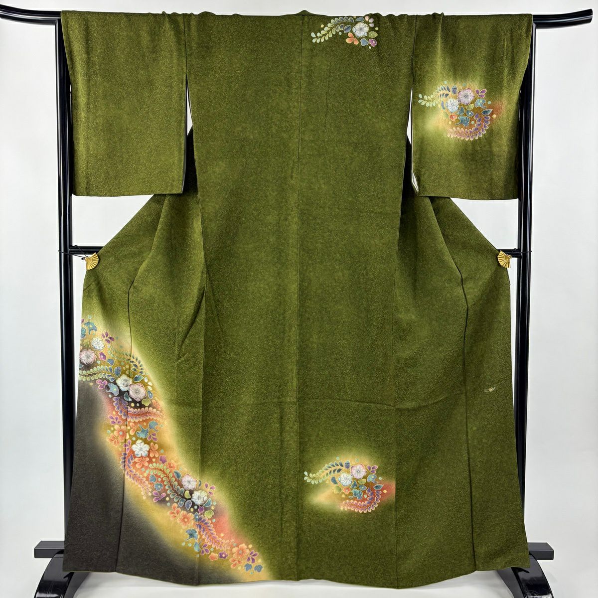 付下 身長165cm 袖長69.5cm L 雙層 有落款 辻花染 金銀彩 漸層 茶綠 純蠶絲 名品級