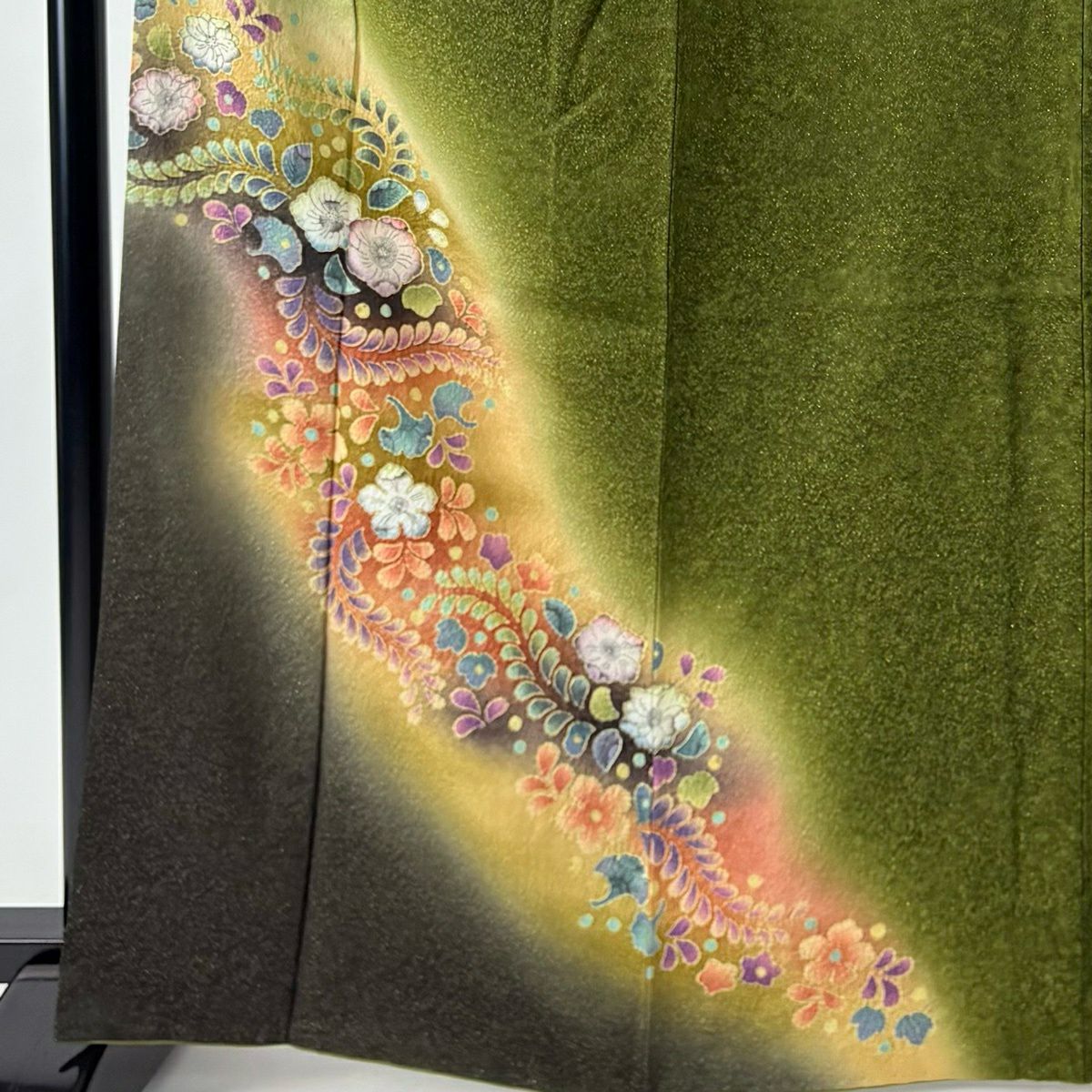 付下 身長165cm 袖長69.5cm L 雙層 有落款 辻花染 金銀彩 漸層 茶綠 純蠶絲 名品級