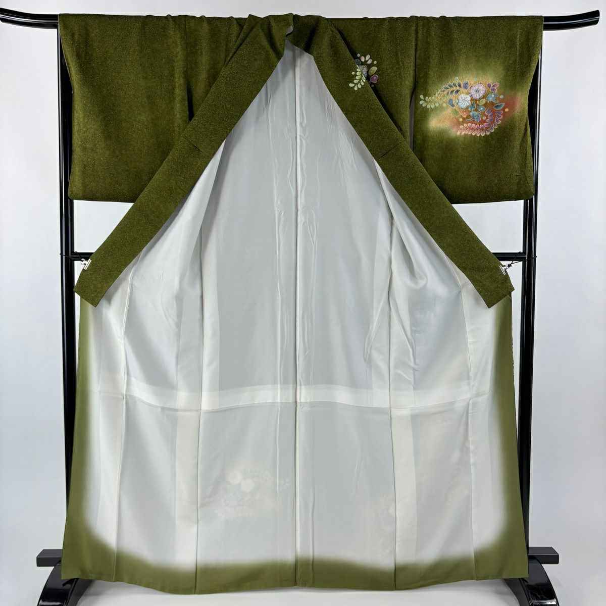 付下 身長165cm 袖長69.5cm L 雙層 有落款 辻花染 金銀彩 漸層 茶綠 純蠶絲 名品級