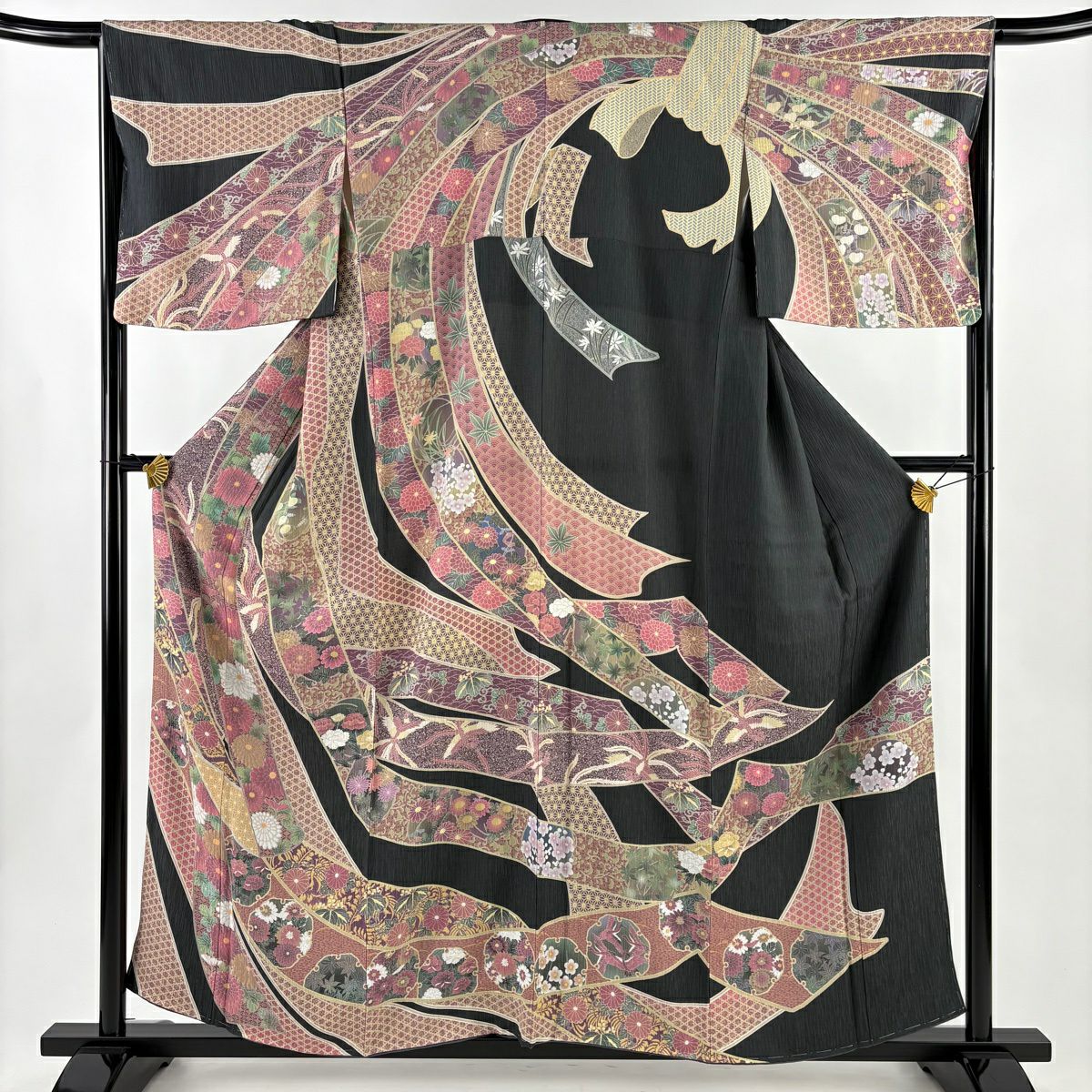 【美品】訪問服 身長158cm 袖長67cm M 雙層 束熨斗紋 菊花 黑灰 純蠶絲 名品級