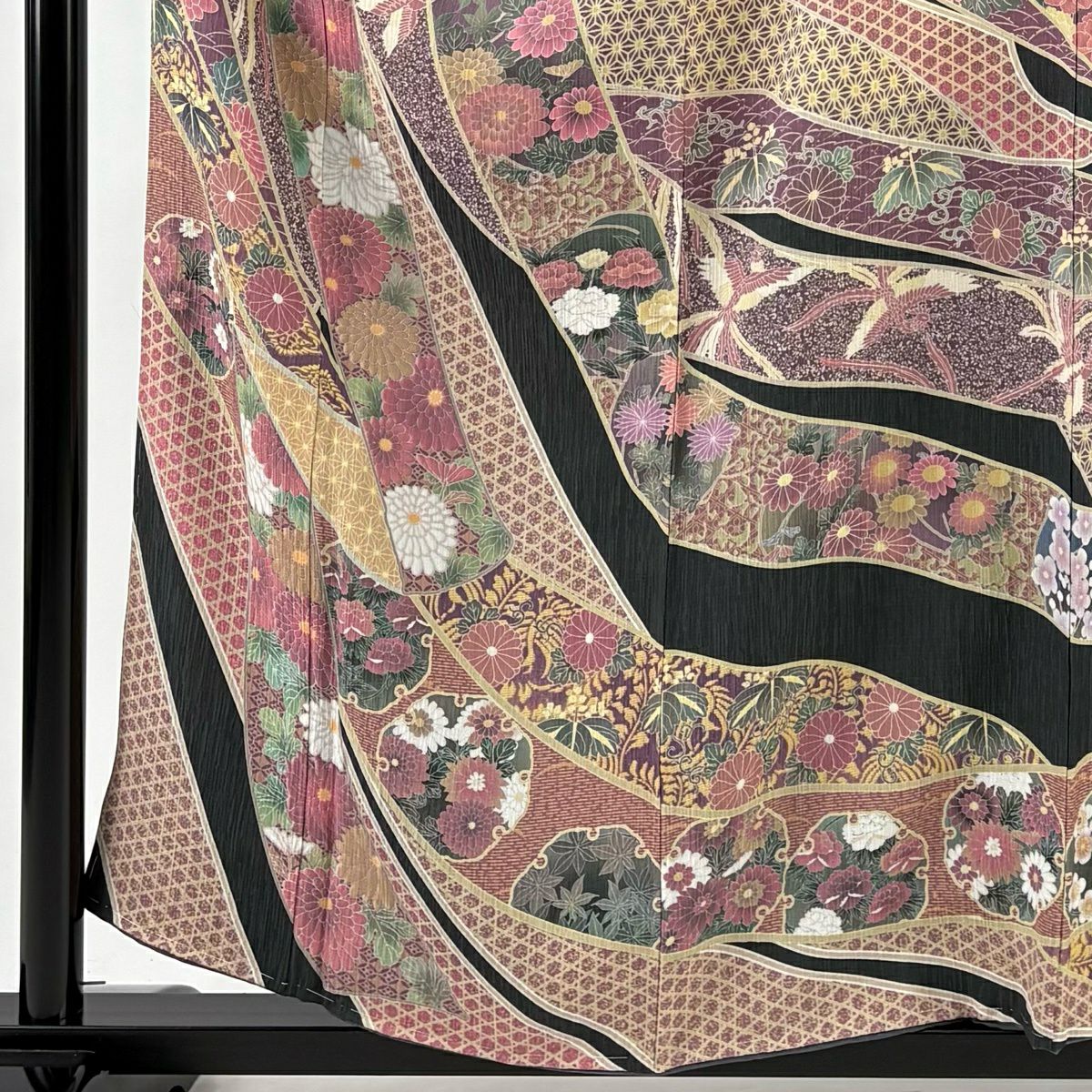 【美品】訪問服 身長158cm 袖長67cm M 雙層 束熨斗紋 菊花 黑灰 純蠶絲 名品級