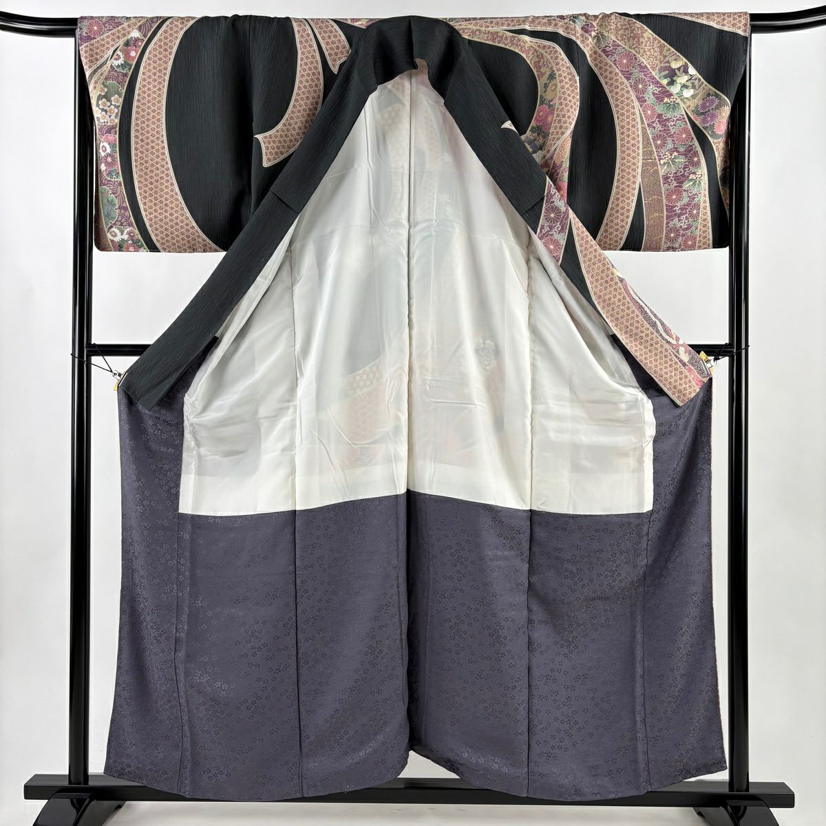 【美品】訪問服 身長158cm 袖長67cm M 雙層 束熨斗紋 菊花 黑灰 純蠶絲 名品級