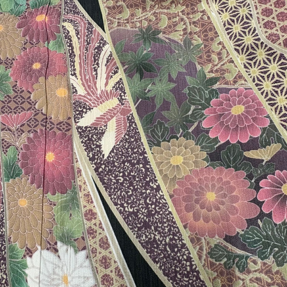 【美品】訪問服 身長158cm 袖長67cm M 雙層 束熨斗紋 菊花 黑灰 純蠶絲 名品級