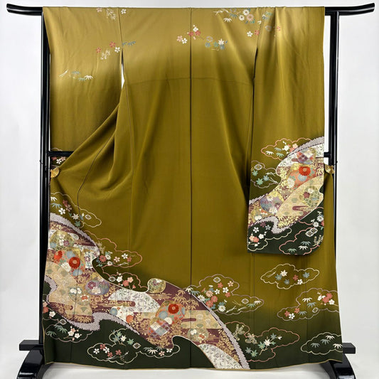 振袖禮服 身長169.5cm 袖長67cm M 雙層 貝合 松樹竹子梅花 刺繡 金彩裝飾 鶯 純蠶絲 名品級