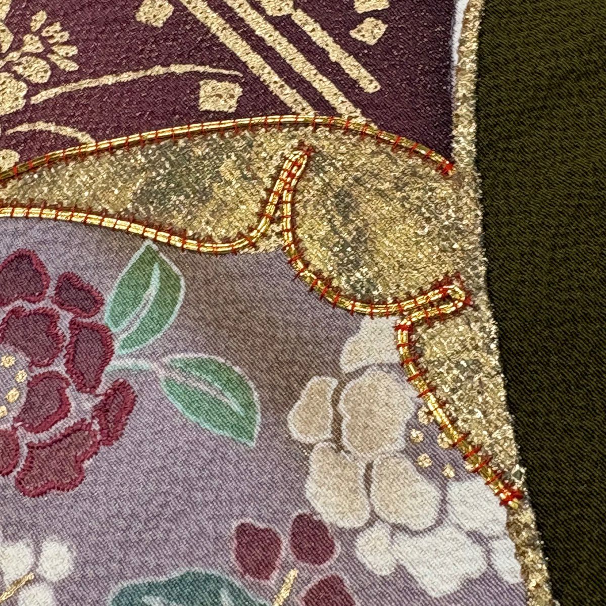 振袖禮服 身長169.5cm 袖長67cm M 雙層 貝合 松樹竹子梅花 刺繡 金彩裝飾 鶯 純蠶絲 名品級