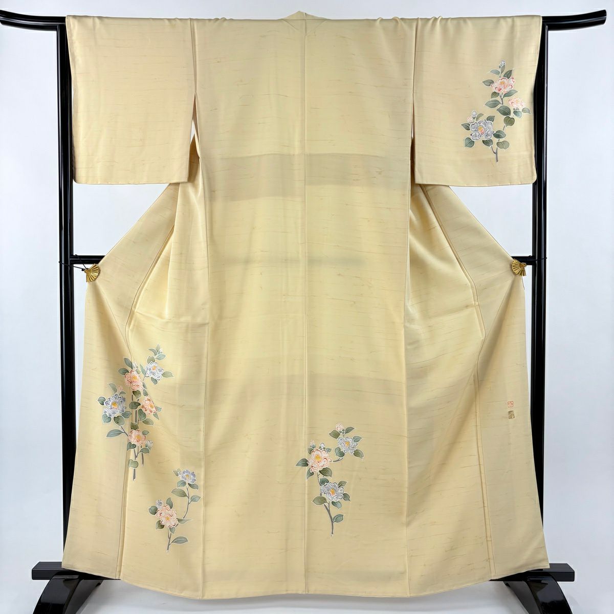 【美品】 付下 身長161.5cm 袖長66cm M 雙層 落款あり 椿 刺繡 金金箔 米色 純蠶絲 名品級