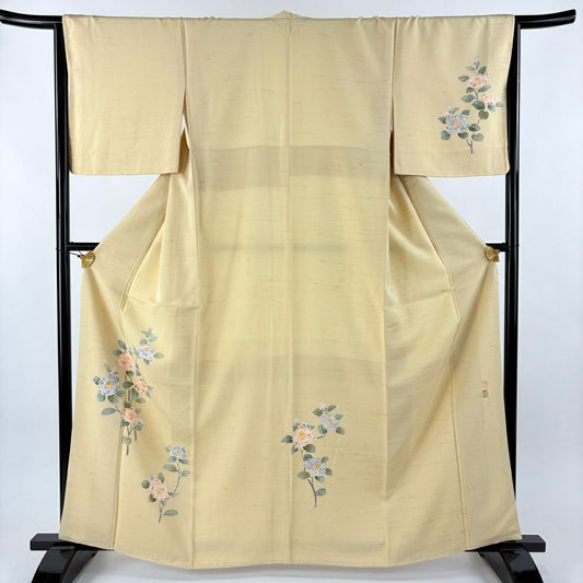 【美品】 付下 身長161.5cm 袖長66cm M 雙層 落款あり 椿 刺繡 金金箔 米色 純蠶絲 名品級
