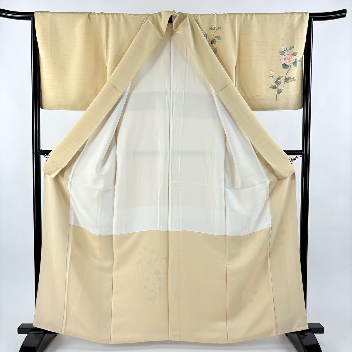 【美品】 付下 身長161.5cm 袖長66cm M 雙層 落款あり 椿 刺繡 金金箔 米色 純蠶絲 名品級