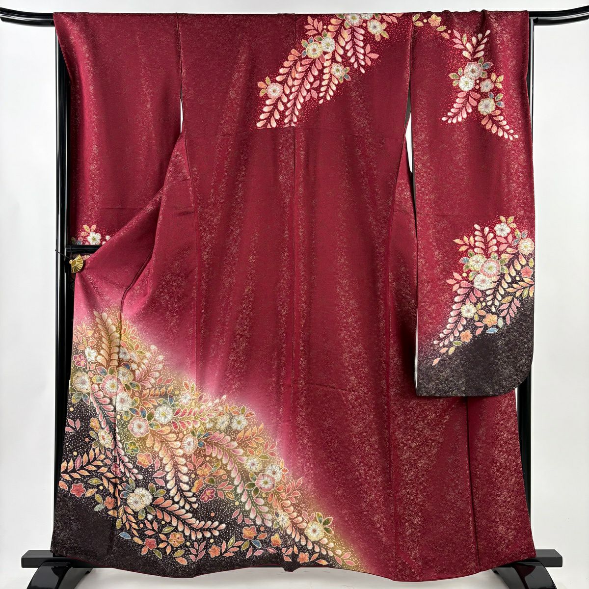 【美品】振袖禮服 身長161.5cm 袖長68.5cm L 雙層 鈴乃屋 有落款 辻花染 金通し 漸層 紅色 純蠶絲 名品級