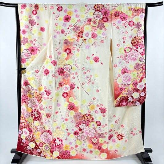 振袖禮服 身長165cm 袖長66.5cm M 雙層 牡丹 櫻花 刺繡 金銀彩 奶油色 純蠶絲 名品級