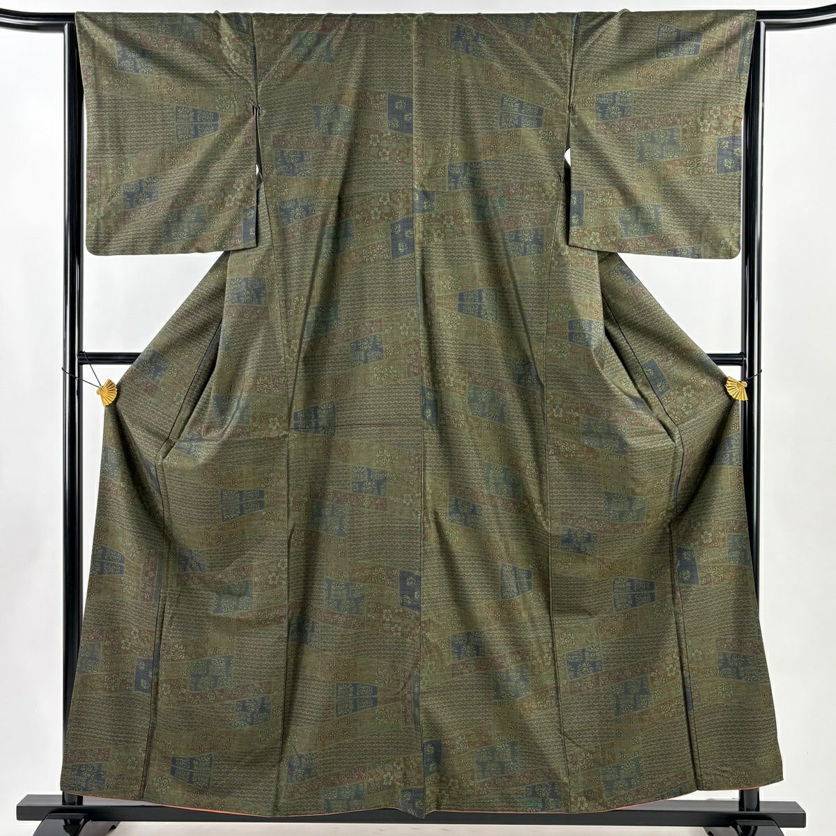 【美品】 紬織 身長159cm 袖長65cm M 雙層 草花紋紋 七寶紋 茶綠 純蠶絲 名品級
