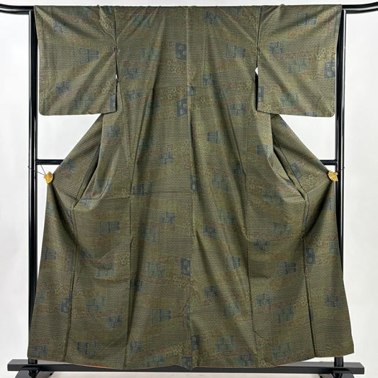 【美品】 紬織 身長159cm 袖長65cm M 雙層 草花紋紋 七寶紋 茶綠 純蠶絲 名品級