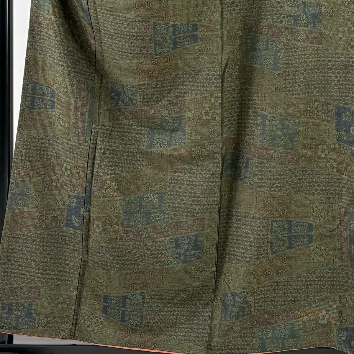 【美品】 紬織 身長159cm 袖長65cm M 雙層 草花紋紋 七寶紋 茶綠 純蠶絲 名品級