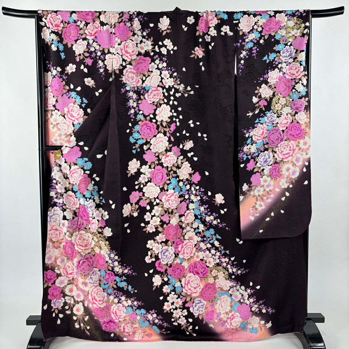 振袖禮服 身長169cm 袖長70cm L 雙層 草花紋紋 刺繡 金銀彩 濃紫 純蠶絲 名品級