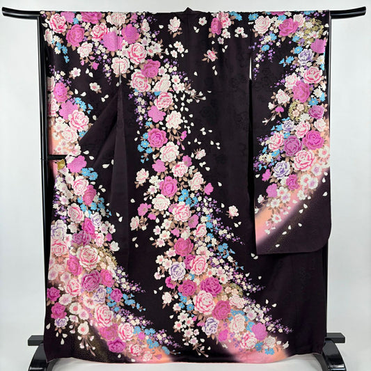 振袖禮服 身長169cm 袖長70cm L 雙層 草花紋紋 刺繡 金銀彩 濃紫 純蠶絲 名品級