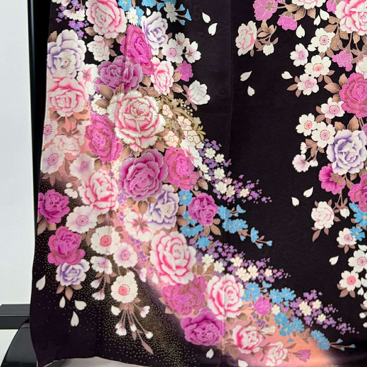 振袖禮服 身長169cm 袖長70cm L 雙層 草花紋紋 刺繡 金銀彩 濃紫 純蠶絲 名品級