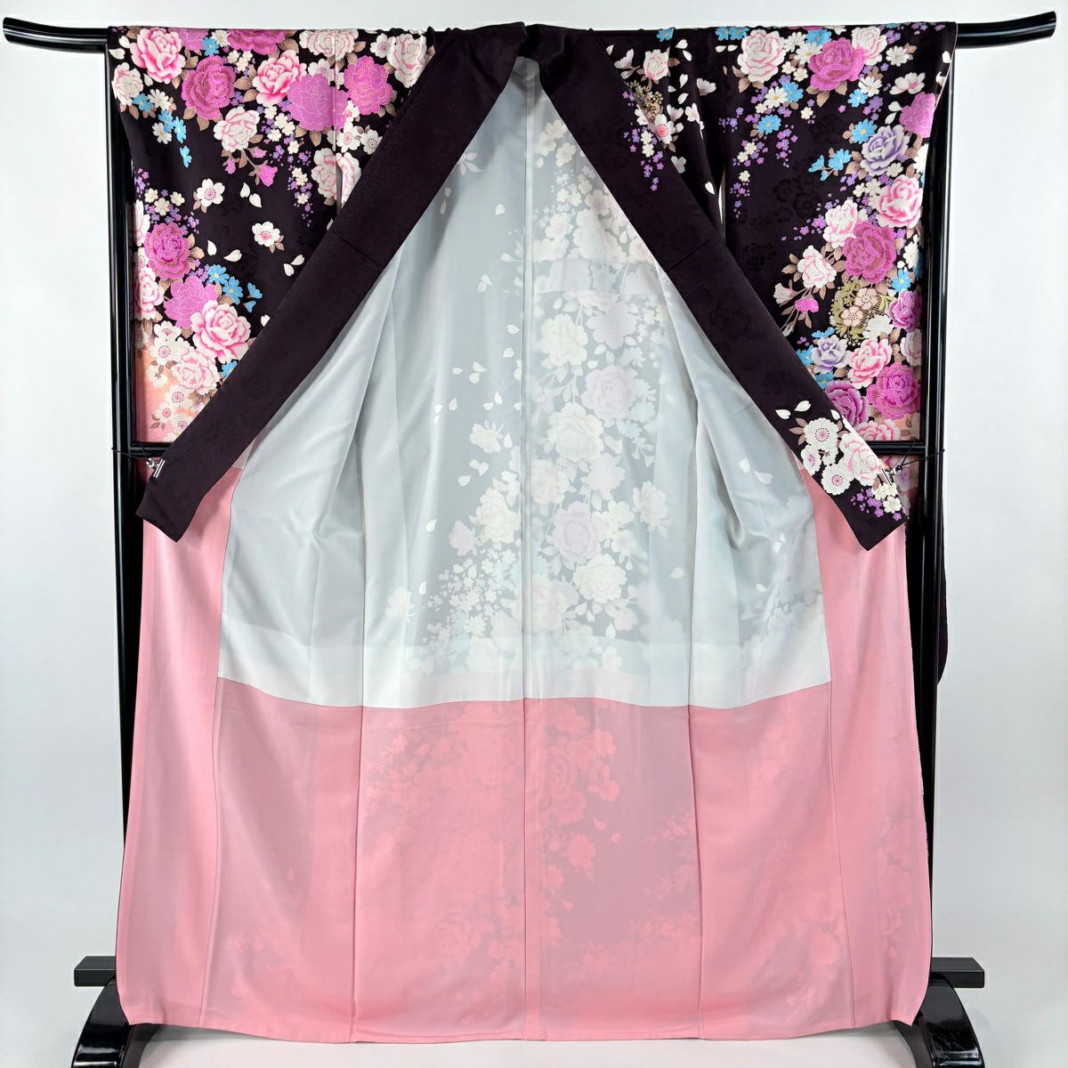 振袖禮服 身長169cm 袖長70cm L 雙層 草花紋紋 刺繡 金銀彩 濃紫 純蠶絲 名品級