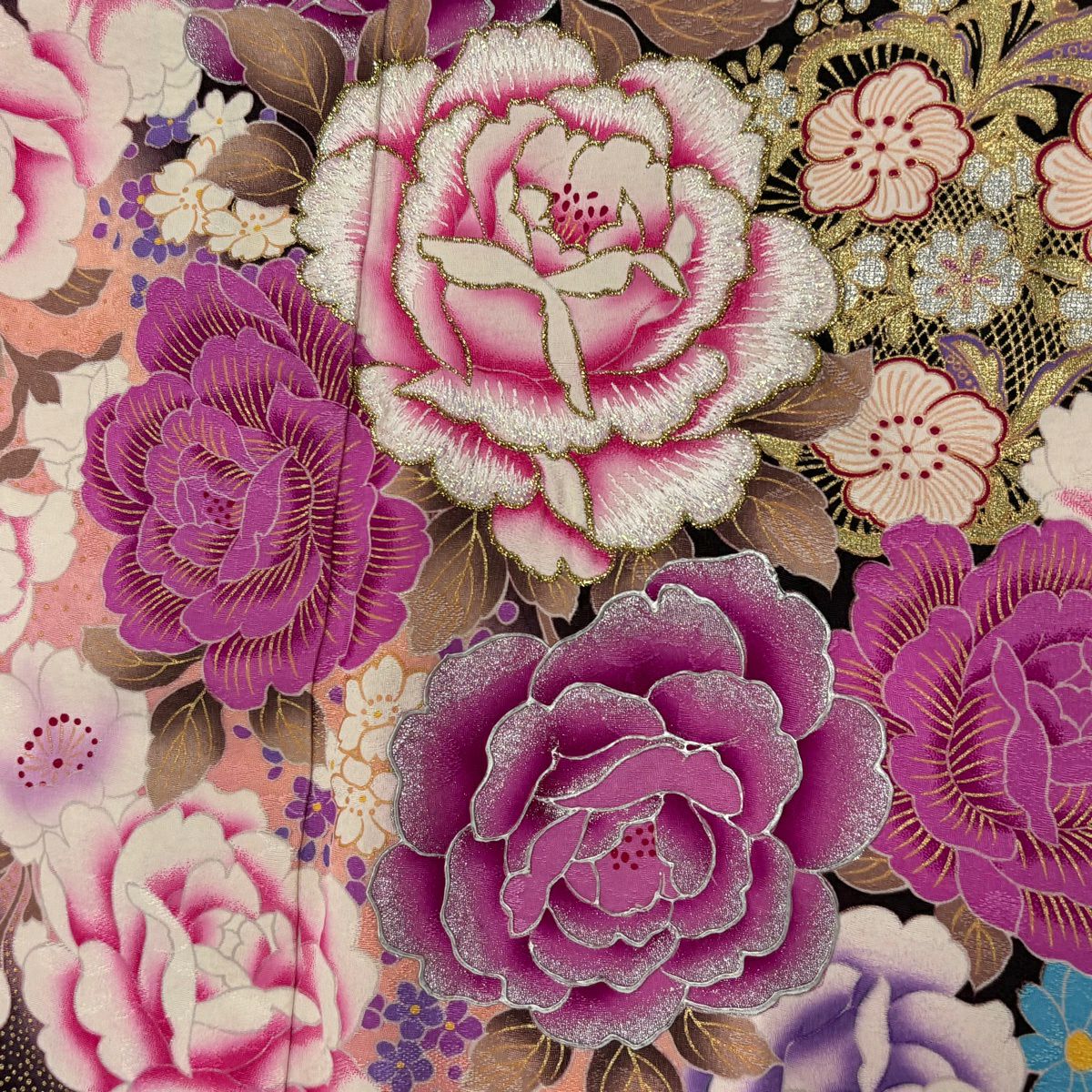 振袖禮服 身長169cm 袖長70cm L 雙層 草花紋紋 刺繡 金銀彩 濃紫 純蠶絲 名品級