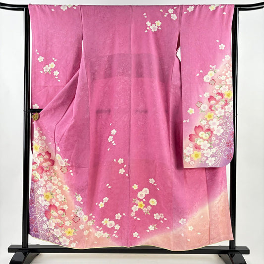 【美品】振袖禮服 身長156.5cm 袖長64.5cm M 雙層櫻花瓣金銀彩暈染粉紅純蠶絲名品級
