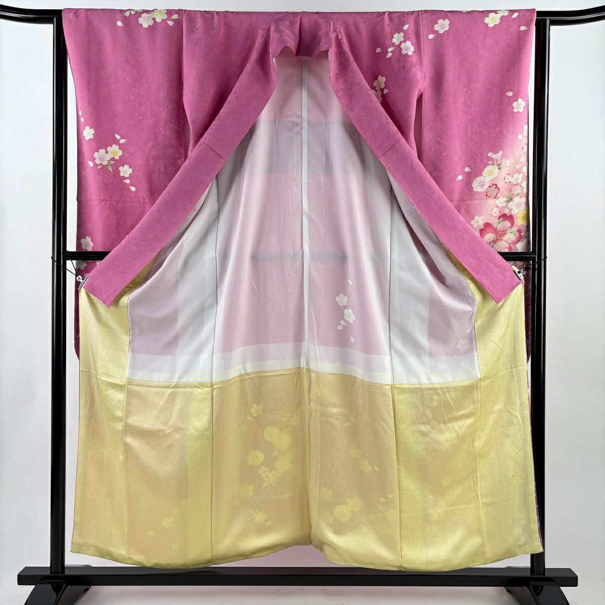 【美品】振袖禮服 身長156.5cm 袖長64.5cm M 雙層櫻花瓣金銀彩暈染粉紅純蠶絲名品級