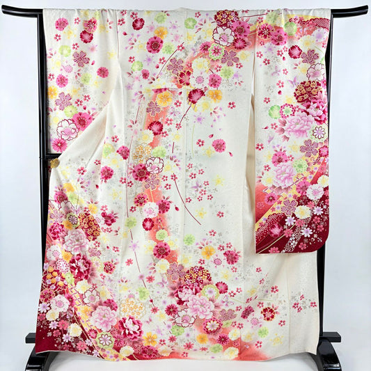 振袖禮服 身長170cm 袖長67.5cm L 雙層 牡丹 櫻花 刺繡 銀通 金銀彩 純蠶絲 名品級